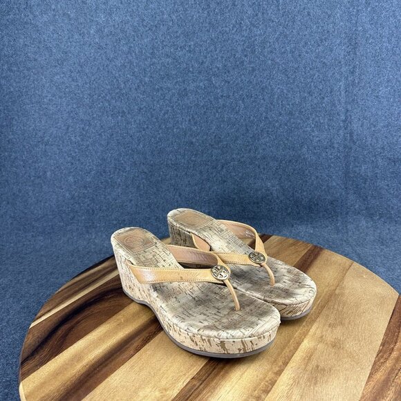 Tory Burch Brown Cork Wedge Heel Thong Sandals Logo Women's 6.5M - Picture 2 of 12
